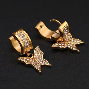 Ladies Butterfly 14k Gold Diamond Hoop Earrings